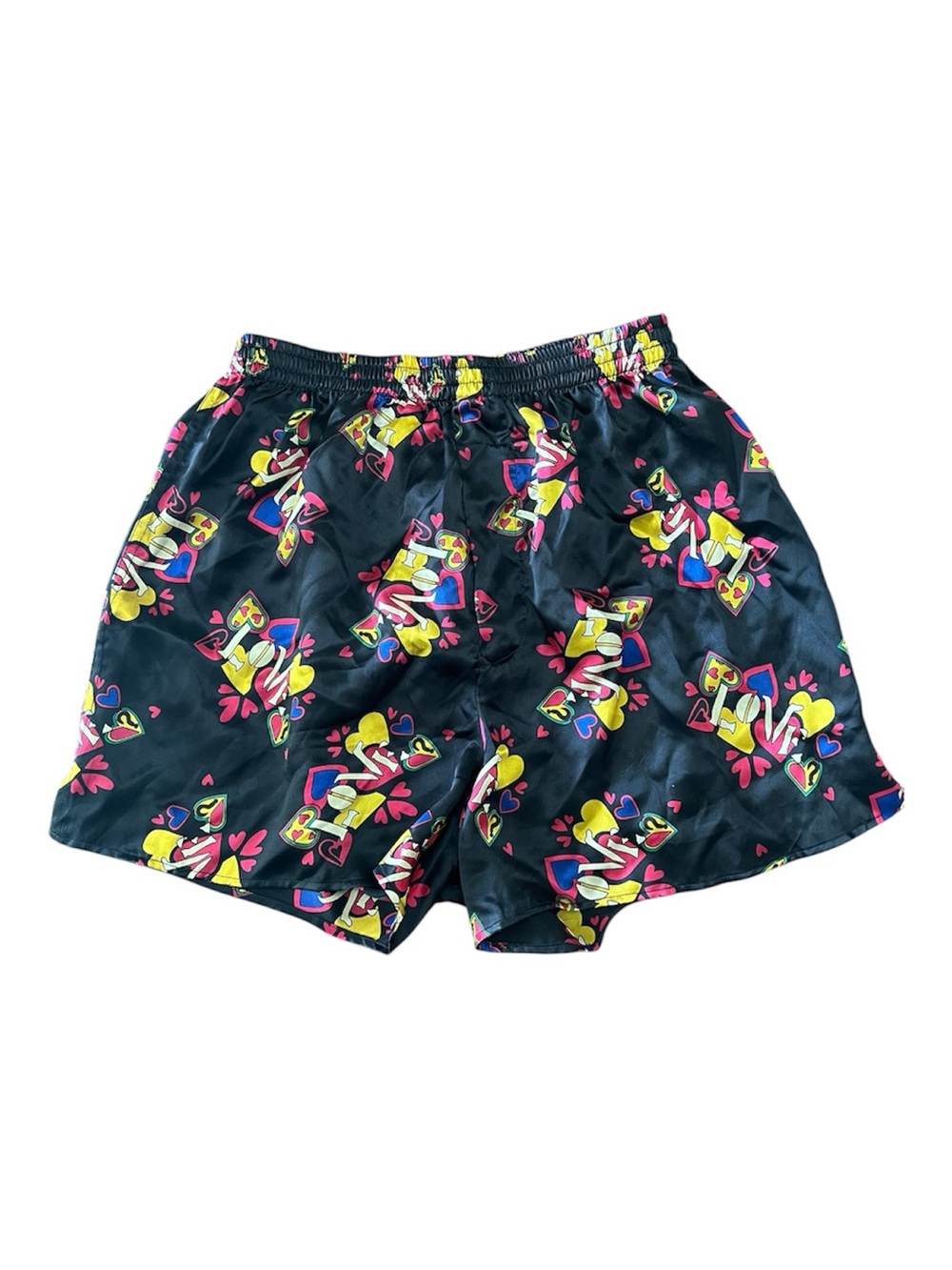 VTG Reckless Silk Heart Print Boxer Shorts Y2K Streetwear Lounge Pajama Small